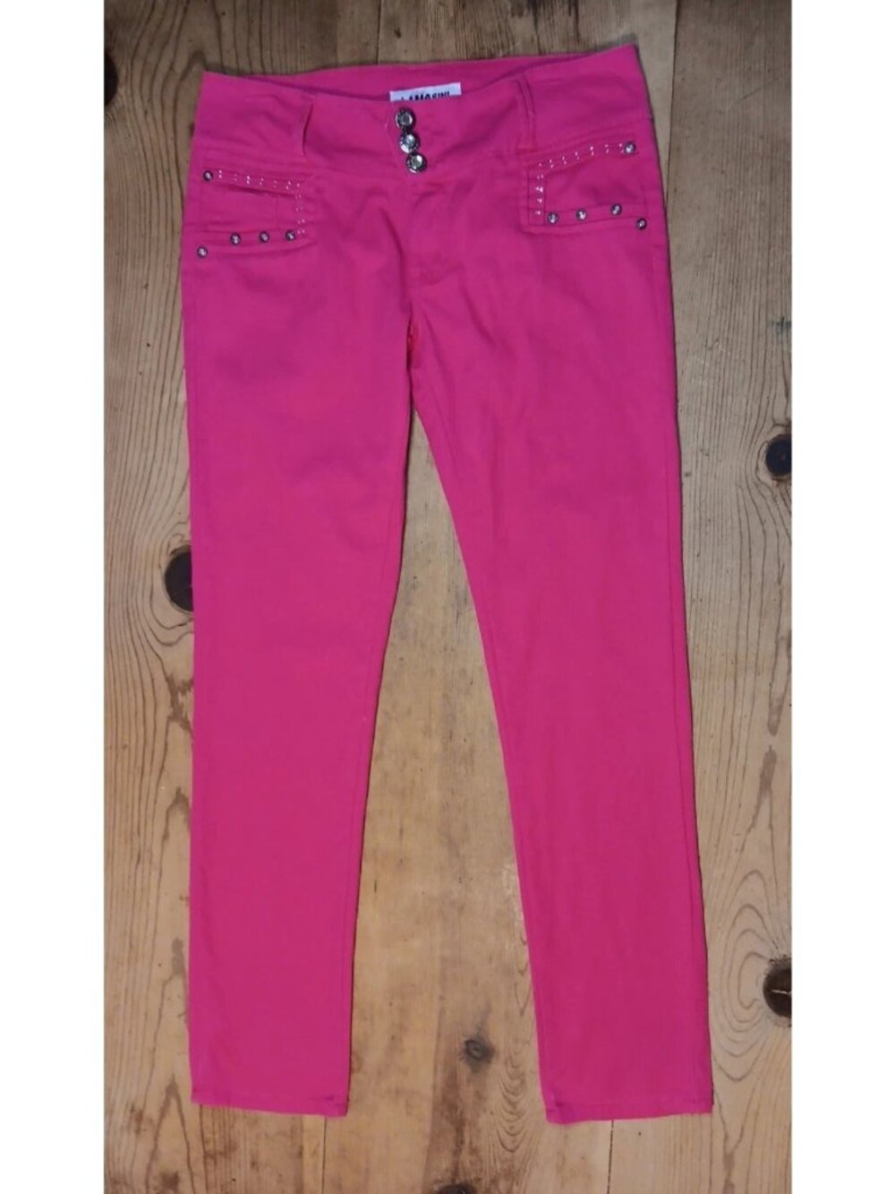 Vtg Lamasini Hot Pink Jeans Juniors 15 Embellished Bling Skinny Straight Stretch